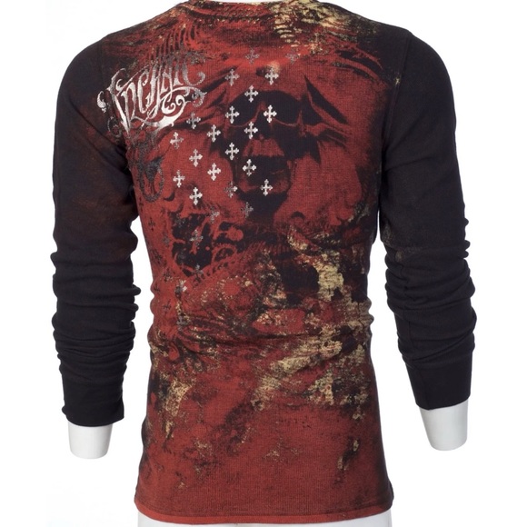 Archaic by Affliction Men's Thermal Shirt BRASS Skull Biker Black - Picture 8 of 9